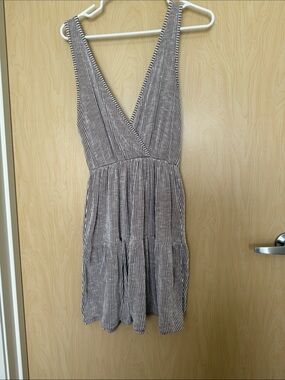 Caution To The Wind Striped V-Neck Tiered Mini Dress in Brown and White